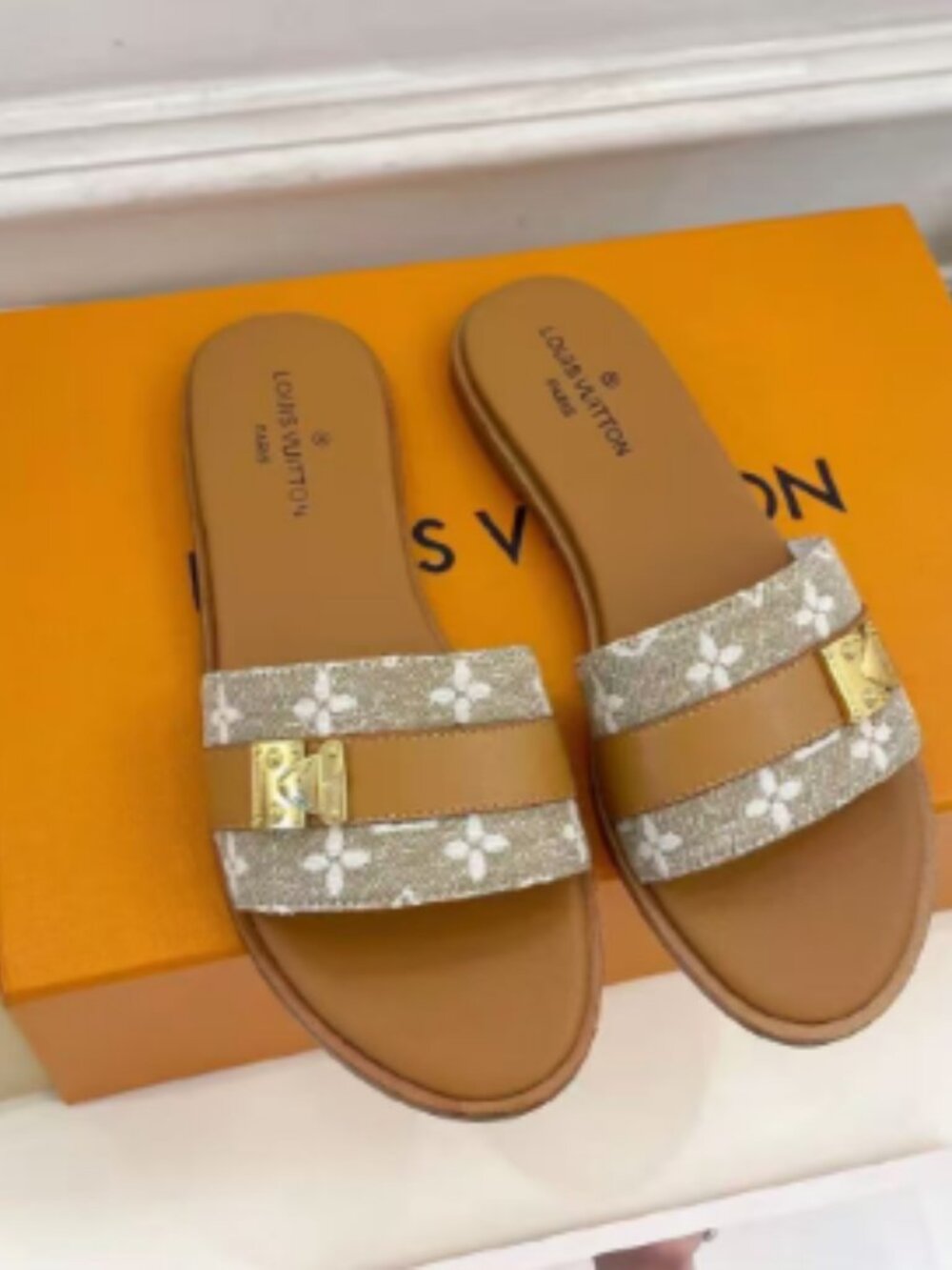 Louis Vuitton Monogram Slide Sandals with Gold-Tone Hardware